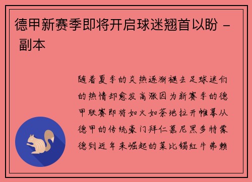 德甲新赛季即将开启球迷翘首以盼 - 副本